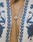 Flora Bolo Necklace - Oxidized Brass, Sterling Silver + Blue Moonstone Glass w/Oxidized Sterling Silver 32" Chain