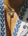 Flora Bolo Necklace - Oxidized Brass, Sterling Silver + Blue Moonstone Glass w/Oxidized Sterling Silver 32" Chain