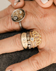 In Bloom Stacking Ring - Dusted Blooms - 22k Gold Dust, 18k Gold, Oxidized Silver + Reclaimed Diamonds