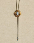 Flora Bolo Necklace - Oxidized Brass, Sterling Silver + Blue Moonstone Glass w/Oxidized Sterling Silver 32" Chain