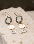 Black + Gold Triple Drop Scattered Diamond Earrings - 18ky Gold, Oxidized Silver + VS Diamonds