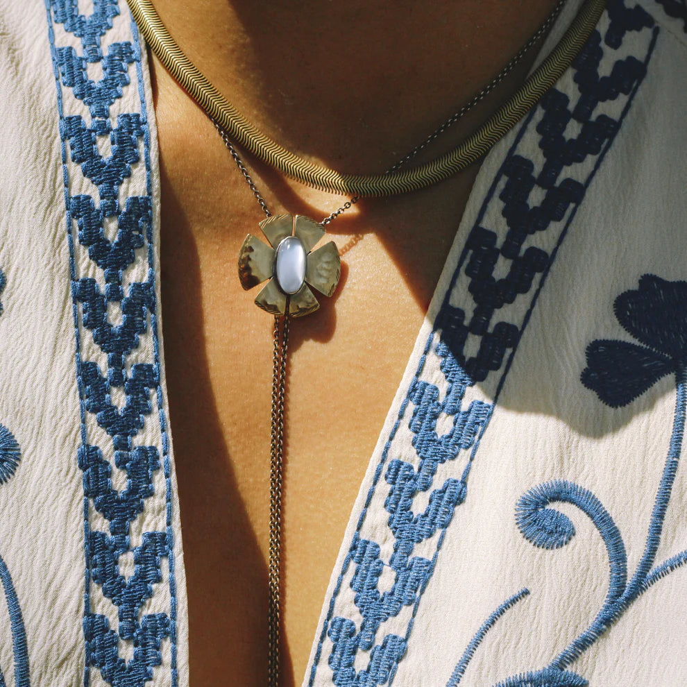 Flora Bolo Necklace - Oxidized Brass, Sterling Silver + Blue Moonstone Glass  w/Oxidized Sterling Silver 32" Chain