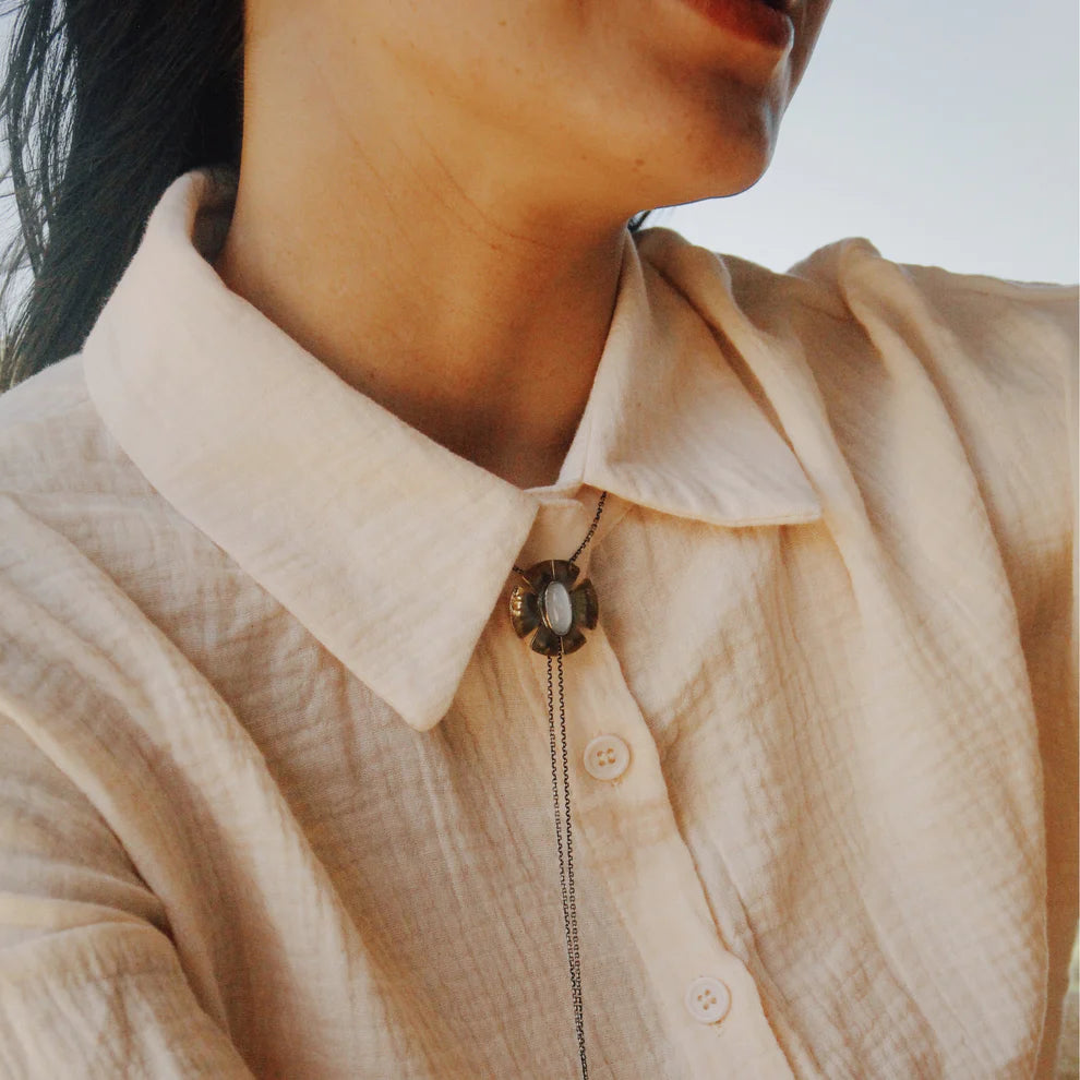 Flora Bolo Necklace - Oxidized Brass, Sterling Silver + Blue Moonstone Glass  w/Oxidized Sterling Silver 32" Chain