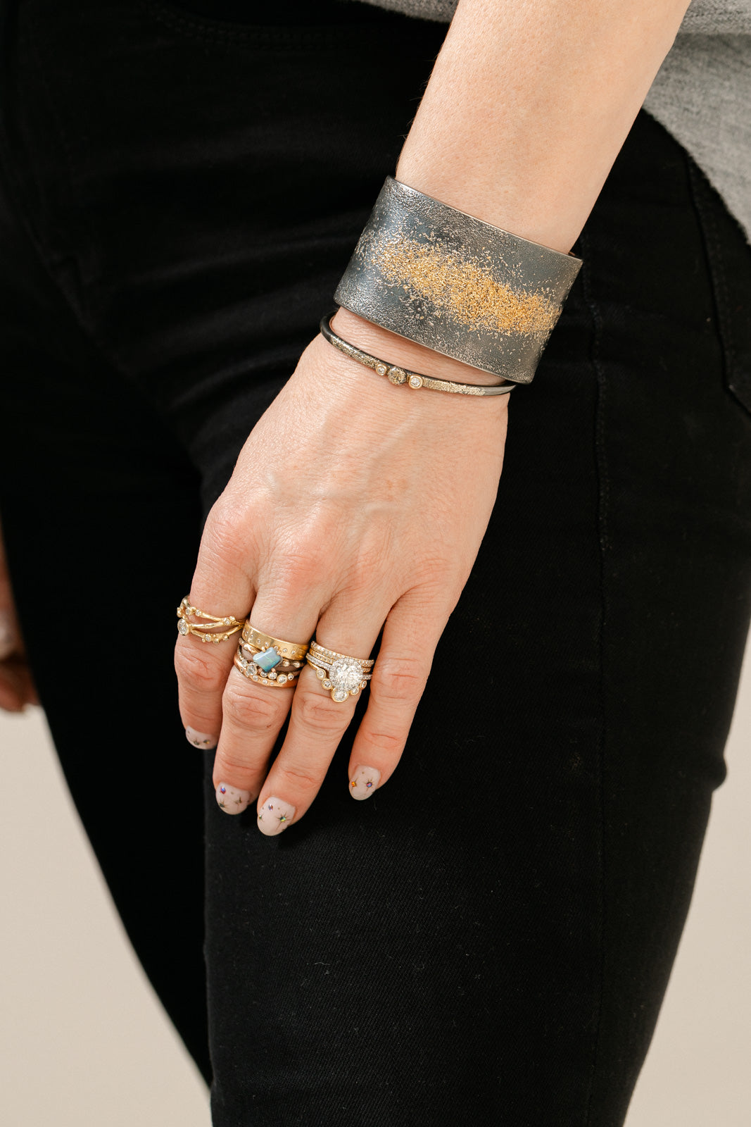 Three Bloom Dusted Skinny Cuff - 22ky, 18ky, Oxidized Silver + VS Diamonds