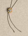 Flora Bolo Necklace - Oxidized Brass, Sterling Silver + Blue Moonstone Glass  w/Oxidized Sterling Silver 32" Chain