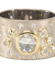 OOAK Round Rose Cut White Diamond Wide Band + Scattered Rose Cut + VS Diamonds - 18k Palladium White Gold + 18k Gold + Diamonds